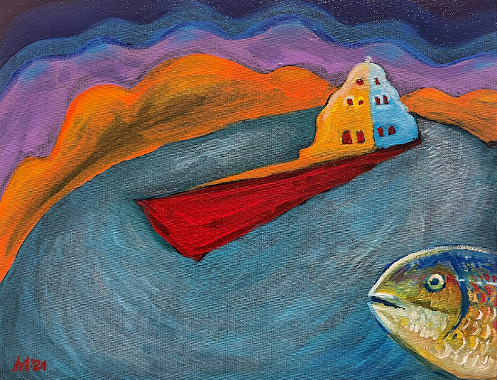 "Prayers by the Lake of Ohrid and a Fish", acrylic on canvas, 2021