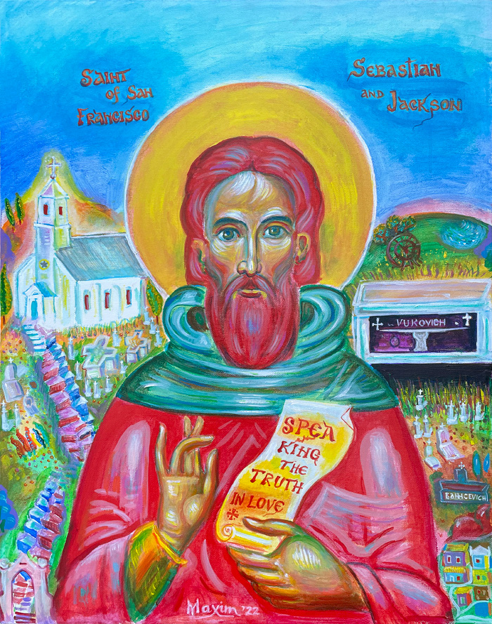 "St. Sebastian of San Francisco and Jackson", acrylic on canvas, by Bishop Maxim, 2022
