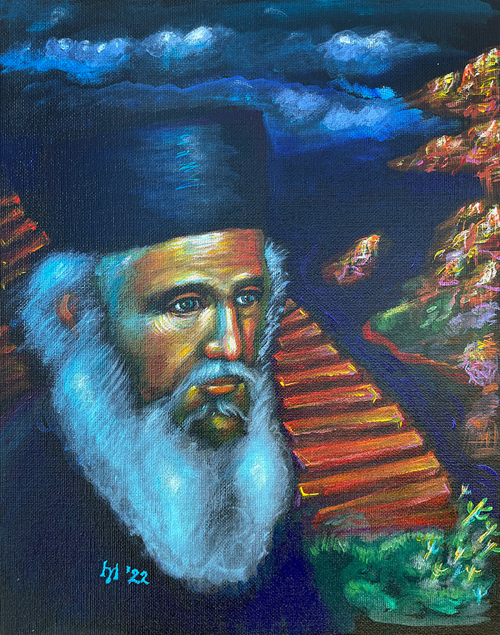 "My Foundations Are in the Mountains" (Elder Vasileios of Iveron in Sedona, Arizona, 2012), acrylic on canvas, by Bishop Maxim, 2022