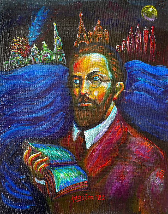 "Young Georges Florovsky from his hometown Odessa, through Paris to New York", acrylic on canvas, by Bishop Maxim, 2022