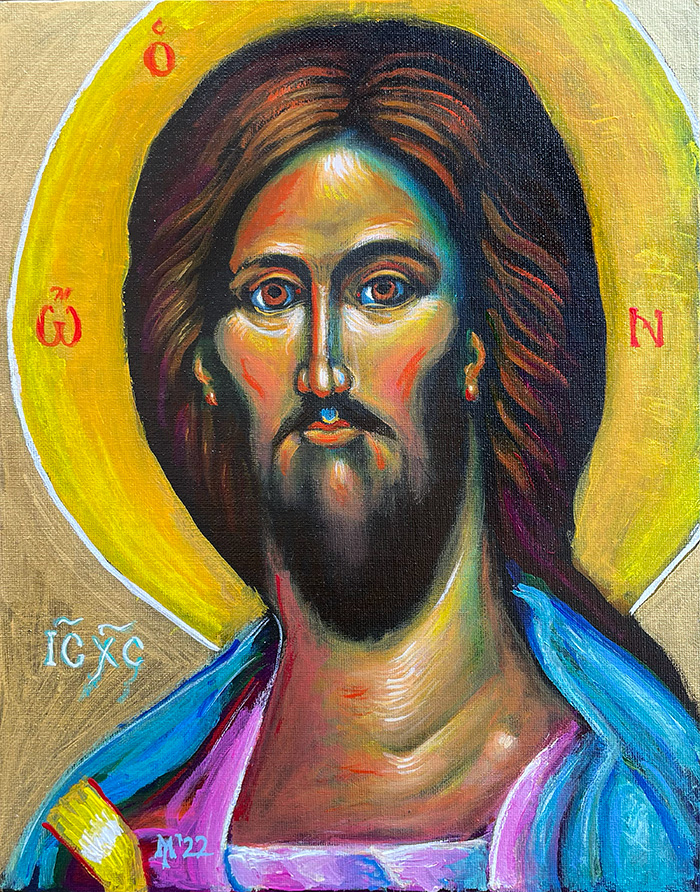 "Jesus Christ" (à la Rublev 4), acrylic on canvas, by Bishop Maxim, 2022