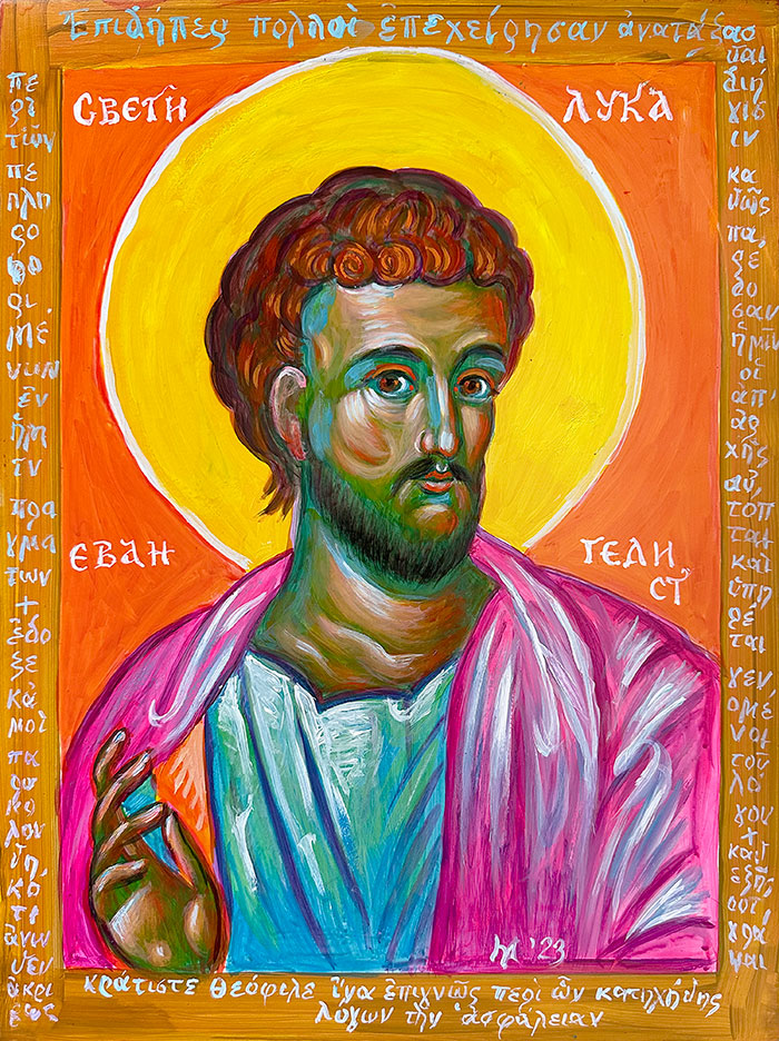 "St Luke", acrylic on gesso panel, Bishop Maxim, 2023