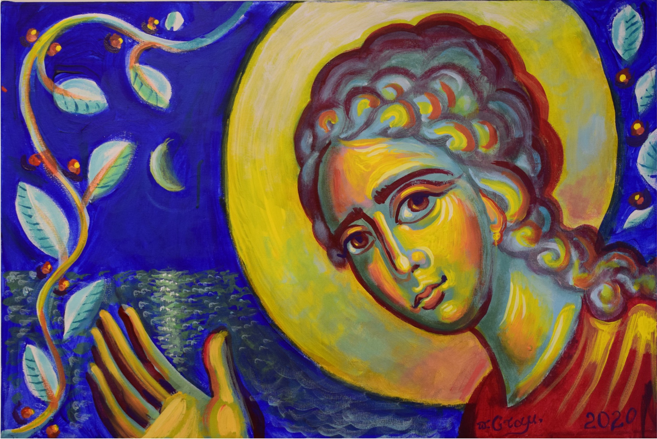 “Angel Greeting Us”, acrylic on canvas, 2020, 70x47 Π58 - Άγγελος μπλε με περικοκλάδα, 2020, ακρυλικό σε μουσαμά, 70*47