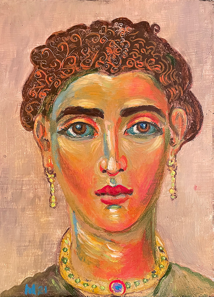 "Sonya Marmeladova à la Fayum", acrylic on wooden board, 2021