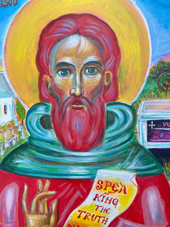 "St. Sebastian of San Francisco and Jackson", detail, acrylic on canvas, by Bishop Maxim, 2022