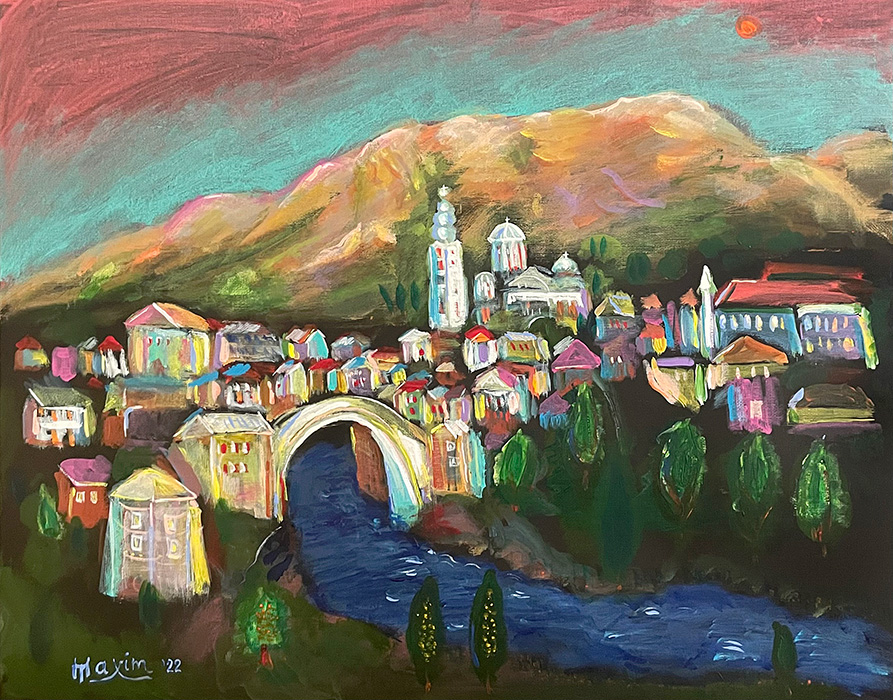 "The Old Mostar Bridge and the Cathedral of Resurrection", acrylic on canvas, Bishop Maxim, 2022