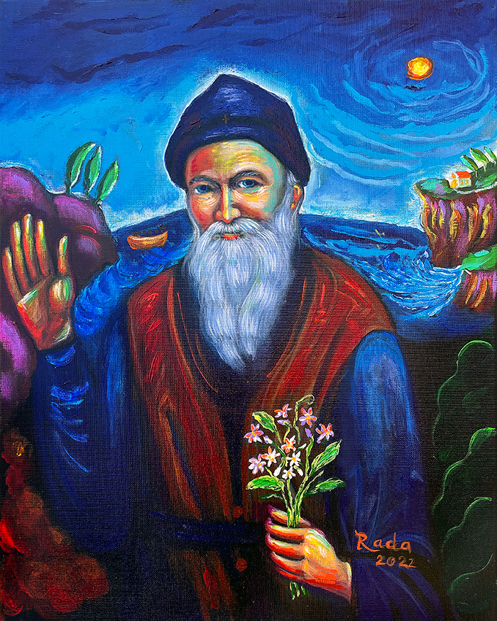 “St. Porphyrios Greeting Us”, acrylic on canvas, by Radmila Vasiljevic, 2022