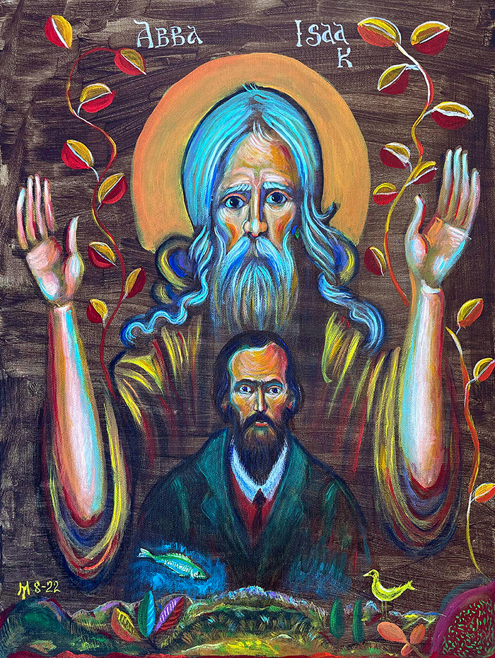 "Saint Isaak Syrian and Dostoevsky", acrylic on canvas, by Bishop Maxim, 2022