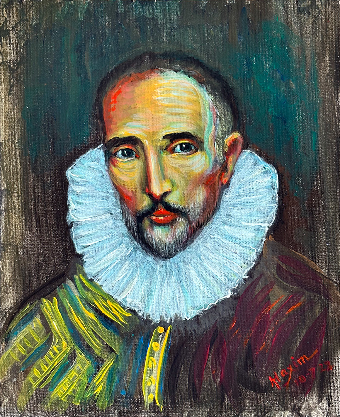 "Miguel de Cervantes", acrylic on canvas panel, 27x22 cm, Bishop Maxim, 2022