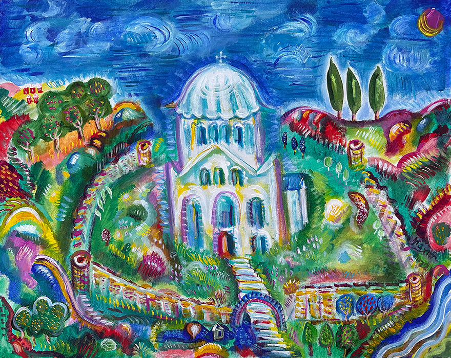 "Djurdjevi Stupovi: Pillars of St George Monastery 2", acrylic on canvas, Bishop Maxim, 2022