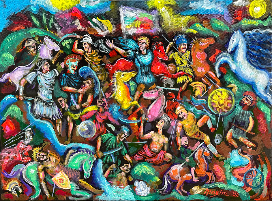 "Ancient Battle", acrylic on canvas, Bishop Maxim, 2022