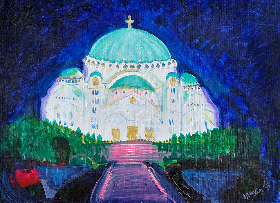 "Saint Sava Cathedral At Night, Belgrade", acrylic on canvas, Bishop Maxim, 2023
