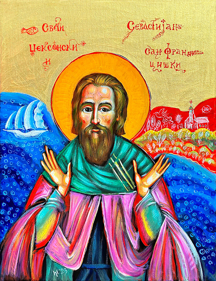 "St. Sebastian of Jackson and San Francisco", acrylic on canvas, 14x18 inch, Bishop Maxim, 2023