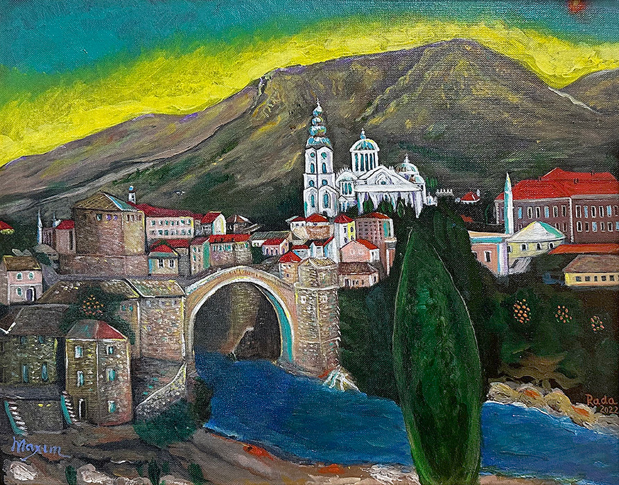 "The Old Mostar Bridge and the Cathedral of Resurrection", acrylic on canvas, Bishop Maxim and Rada Vasiljevic, 2022