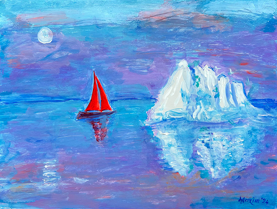 "Voyage of Warmth," acrylic on gesso board, Bishop Maxim, 2024