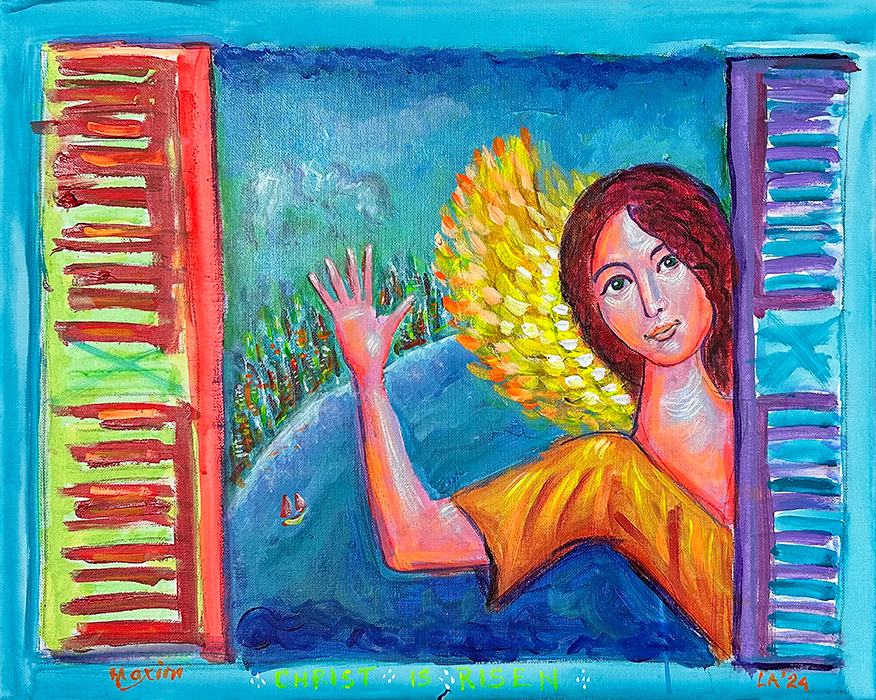 "Angel Waving Me Through the Window of the World", acrylic on canvas, Bishop Maxim, 2024