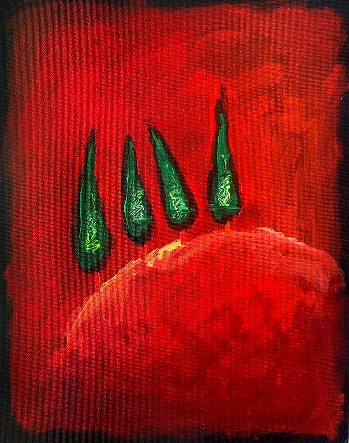 “Emerald Silence at Dusk”, acrylic on canvas panel, Bishop Maxim, 2024