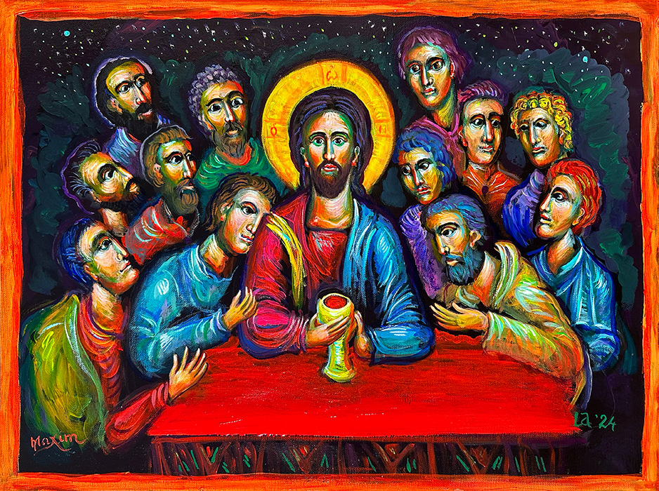 "Twelve Disciples before Their Illumination" [or: "For those who love us and those who hate us"], acrylic on canvas, Bishop Maxim, 2024
