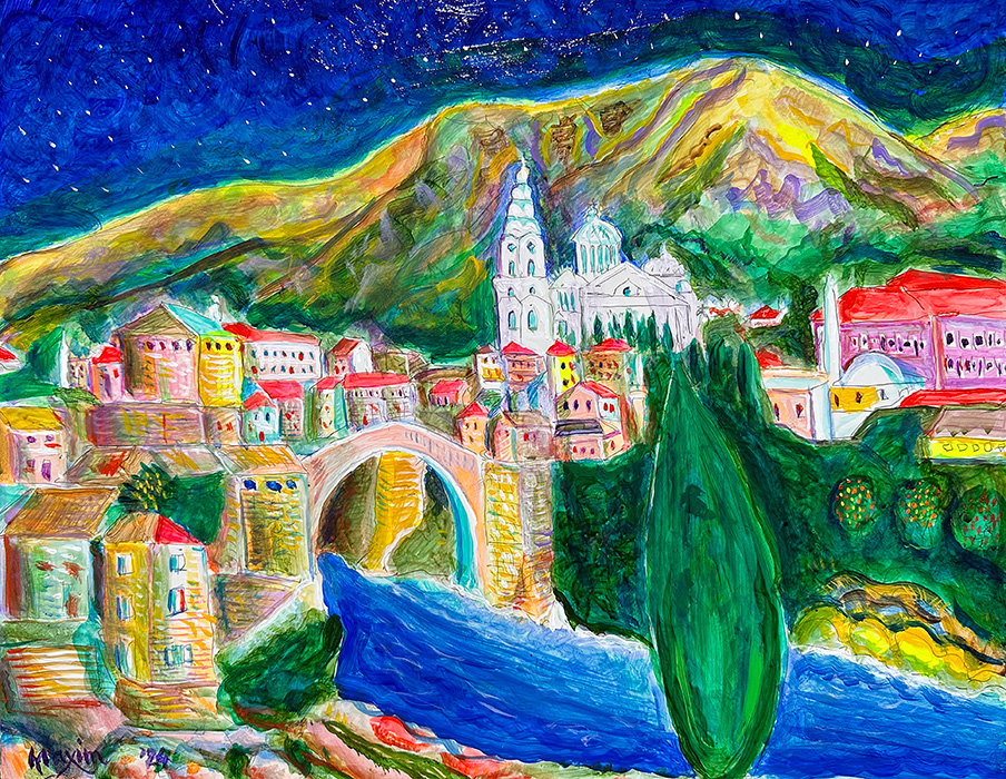 "Mostar", acrylic on gesso board, Bishop Maxim, 2024