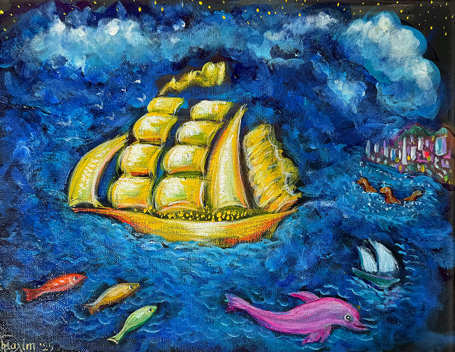 "Sails of the Midnight Sea", acrylic on canvas panel, Bishop Maxim, 2025