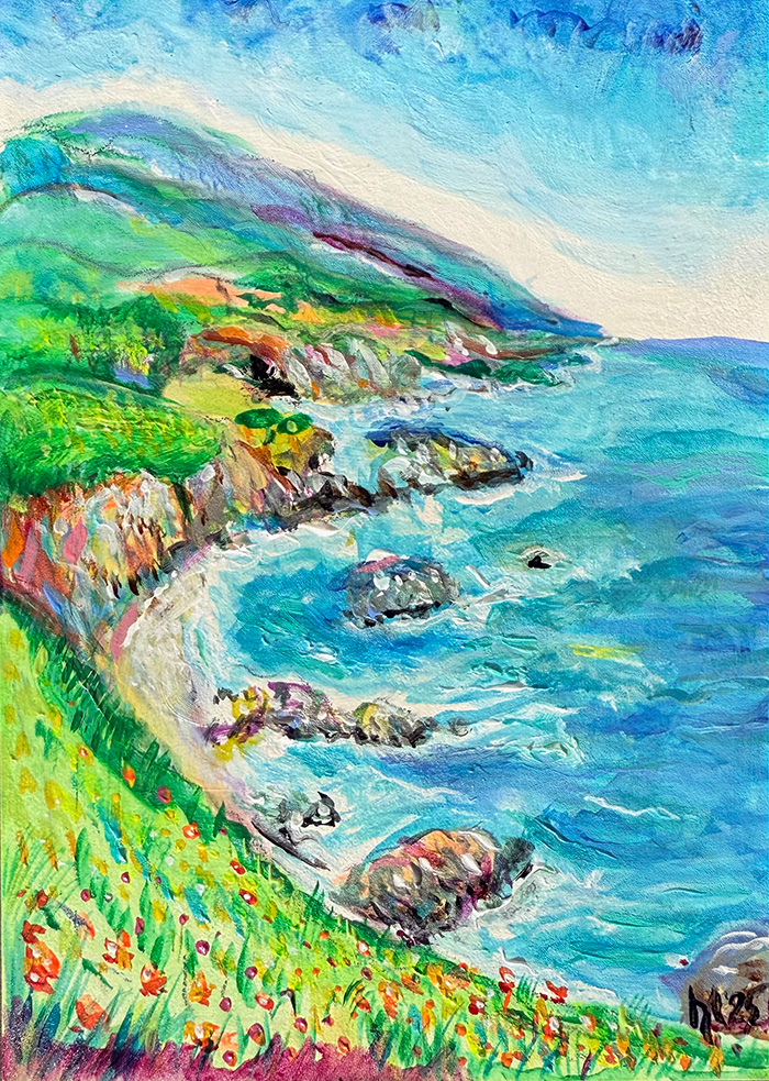 "Pacific Edge, San Francisco Coast", acrylic on gesso board, 7x9 inch, Bishop Maxim, 2025