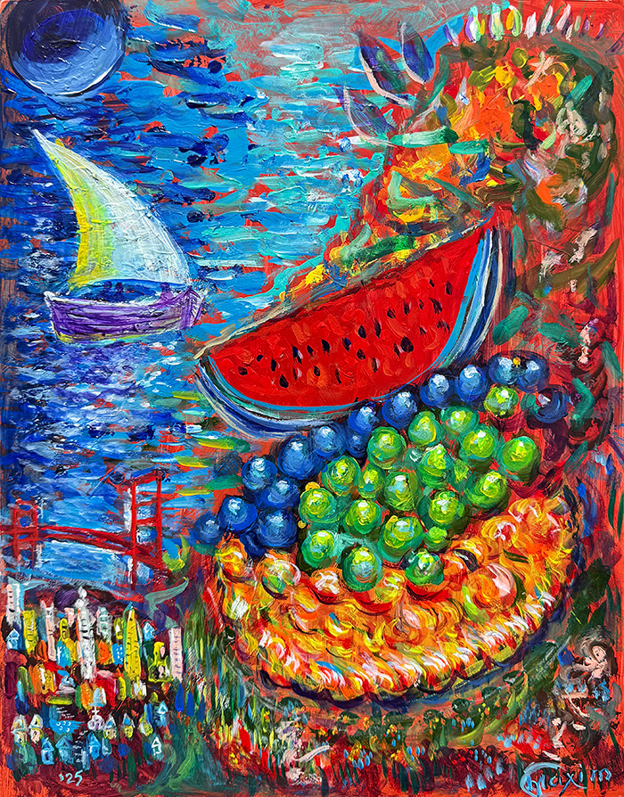 "Moonlit Harvest, Napa Valley", acrylic on gesso board, 2025