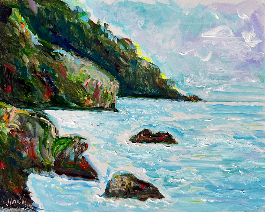 "Aqua Light Along the Pacific Cliffs", acrylic on gesso board, Bishop Maxim, 2025