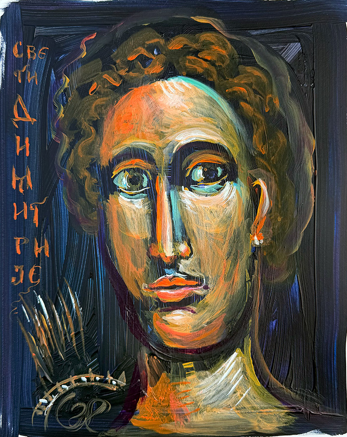 "Saint Demetrius, Face of Courage", acrylic on gesso board, Bishop Maxim, 2025