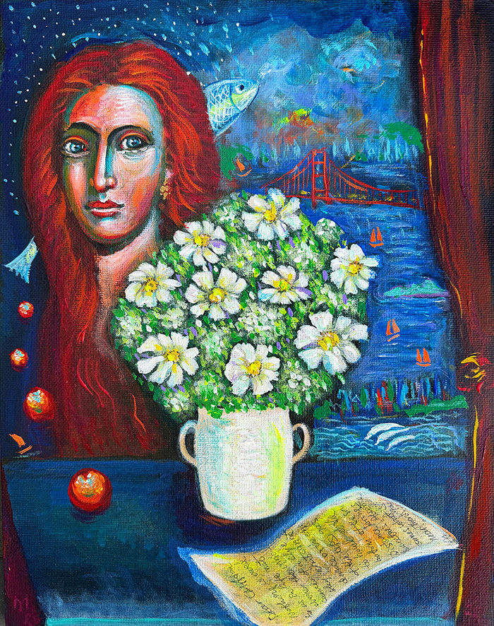 "Letter Beneath the Night Tide", acrylic on canvas board, Bishop Maxim, 2025