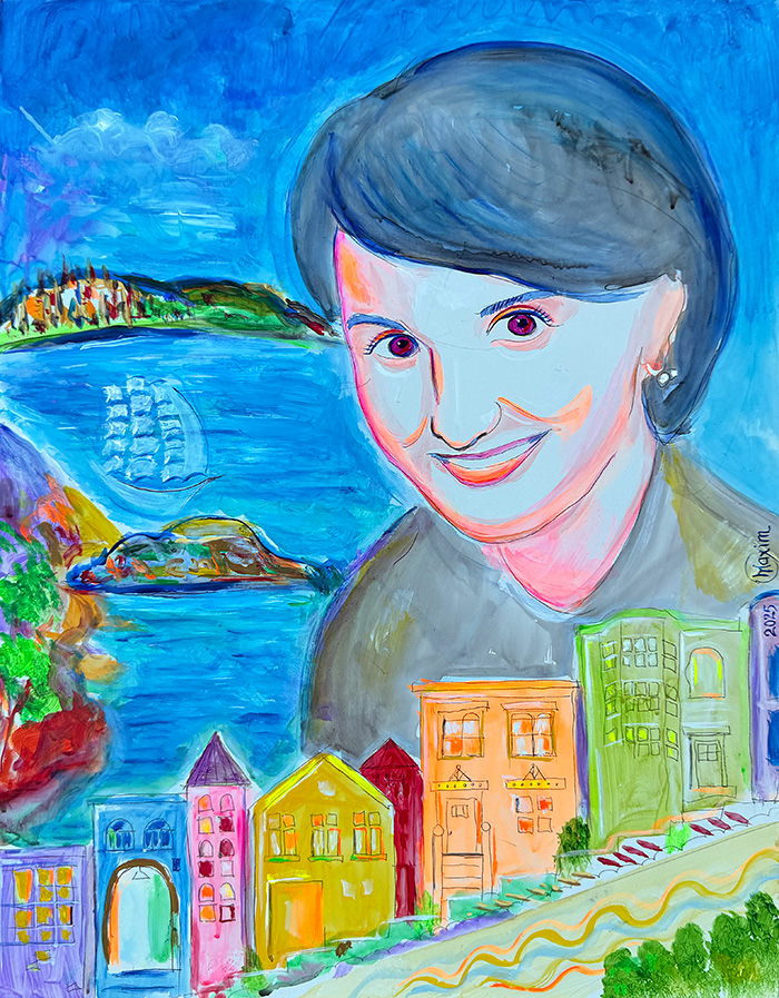 "Bay Light on Her Face", acrylic on gesso board, Bishop Maxim, 2025