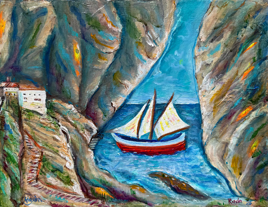 "Passage Between the Living Cliffs", acrylic on canvas board, Bishop Maxim and Radmila Vasiljevic, 2026